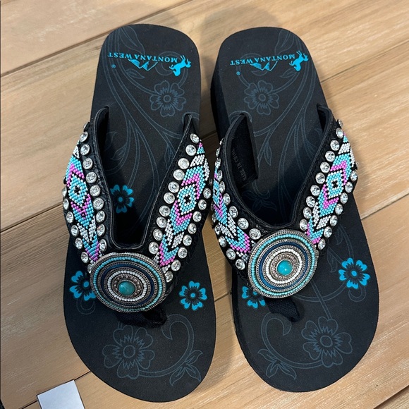 Montana West sz 9 Rhinestone Wedge Sandals Embellished Platform Y2K Bling - Picture 3 of 6